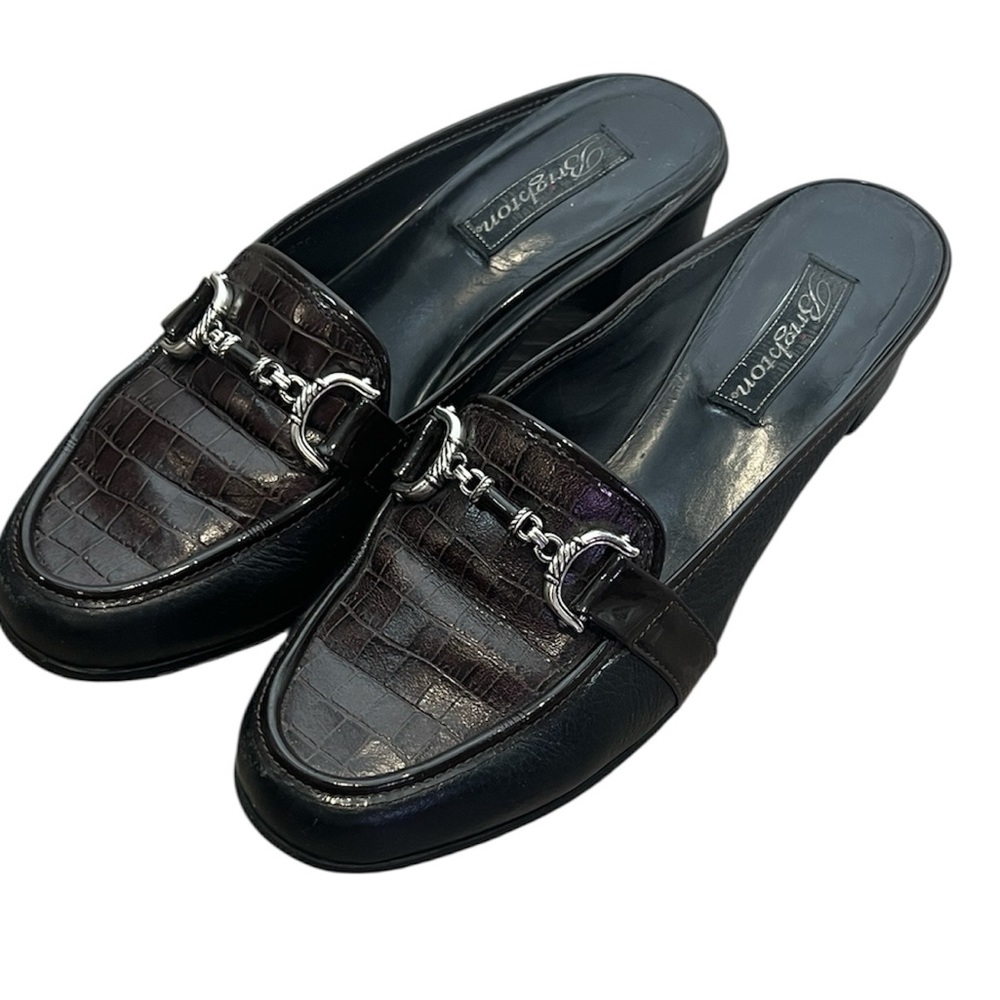 Brighton Black & Dark Brown Croc-Effect Leather Horsebit Mules